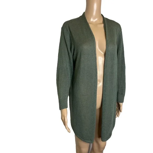 Women's Large Nic & Zoe Olive Green Linen Blend Open Knit Cardigan - Picture 2 of 8